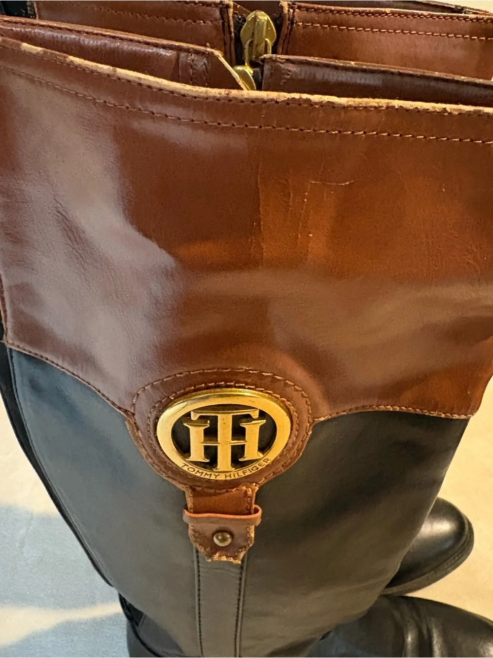 Tommy Hilfiger Black and Brown Leather Riding Boots with Gold Logo